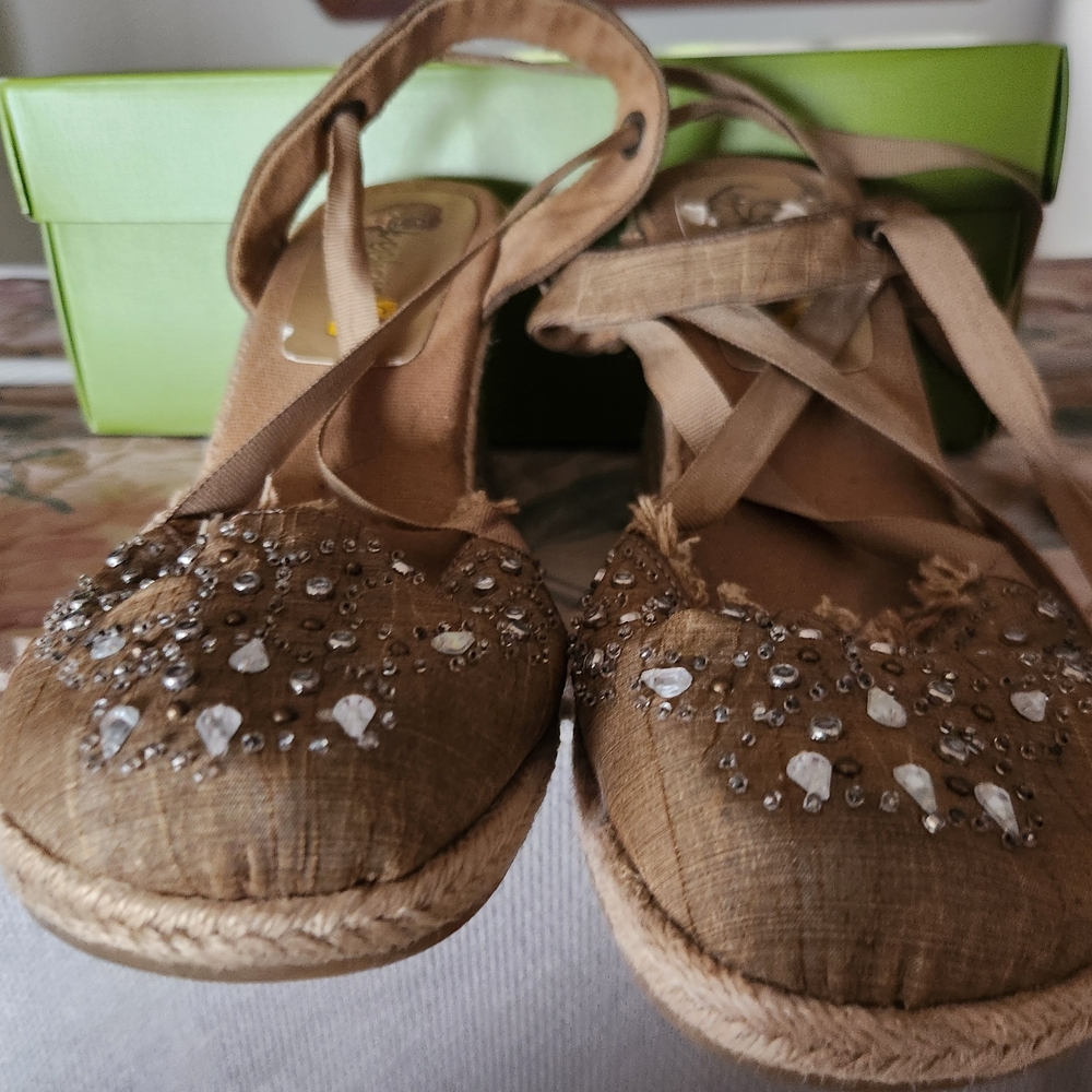 Women's Embellished Tan Espadrille Wedges - Brand: